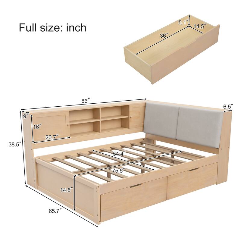 L-Shaped Daybed with Bookcase & USB Charging Port, Wood Floor Corner Bed Frame with Storage Drawers & Upholstered Headboard