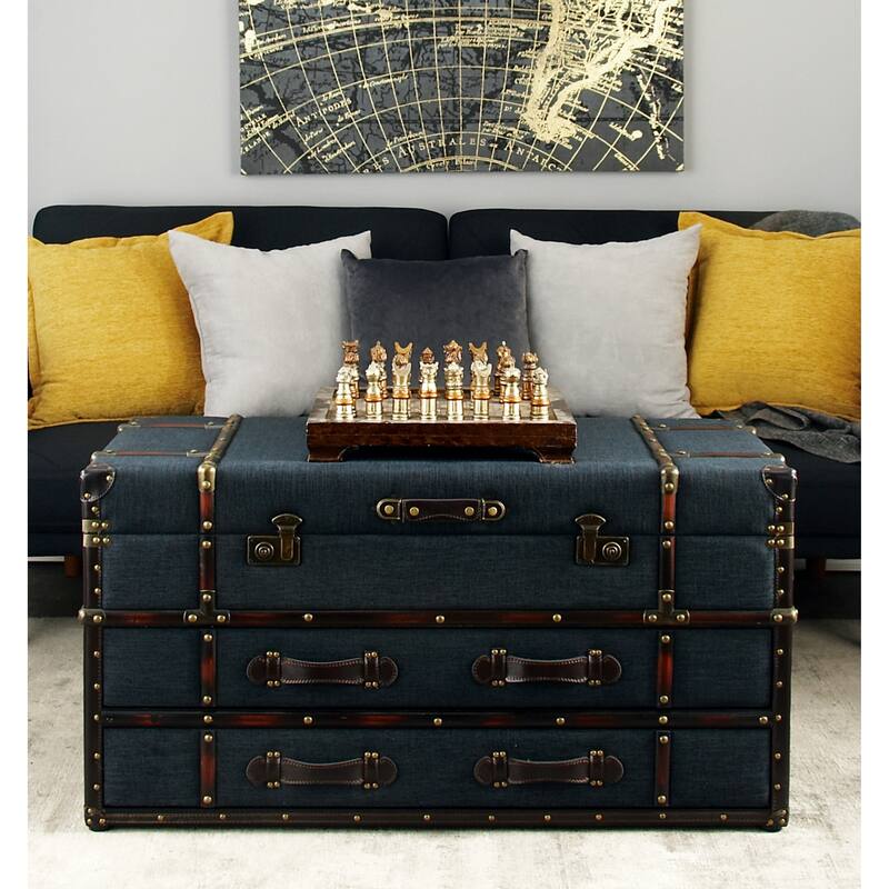 Linen Fabric Upholstered Trunk 2 Drawer Coffee Table with Buckle Hinged Top - Dark Blue or Brown - Roche River Decor