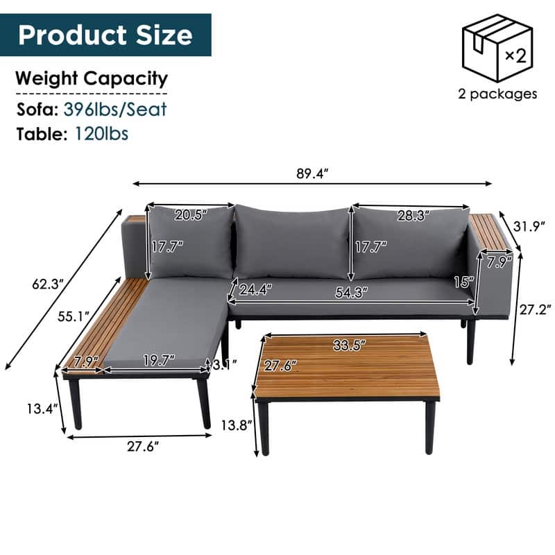 Outdoor Conversation Set with Removable Cushions and Coffee Table, L-Shaped Sofa