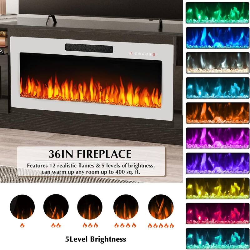 Bossin 70" Fireplace TV Stand with 36" Electric Fireplace, TV Stand for TVs Up to 80", 16 Colors LED Lights/Entertainment Center