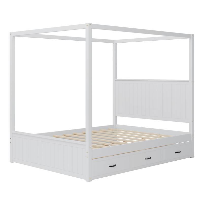 Queen Size Platform Canopy Bed with Trundle Bed and 3 Drawers Storage Bed, 4-post Solid Wood Bed Frame with Wingback Headboard