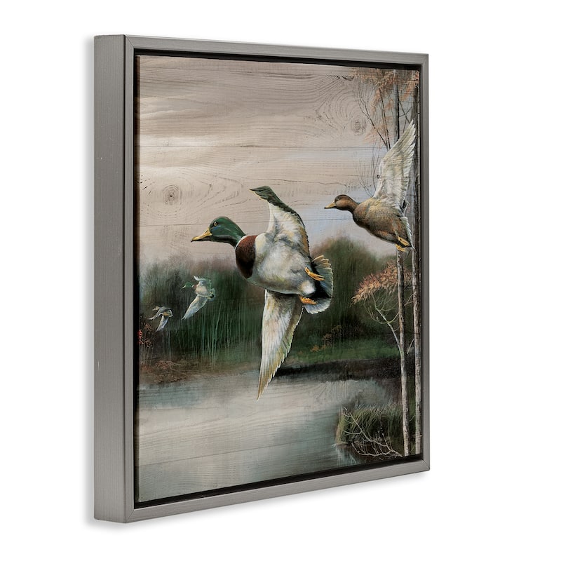 Stupell Flying Ducks in Rustic Nature Framed Floater Canvas Wall Art Design By Ruane Manning