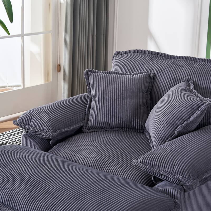 Grey Corduroy Single Deep Seat Sofa with Ottoman