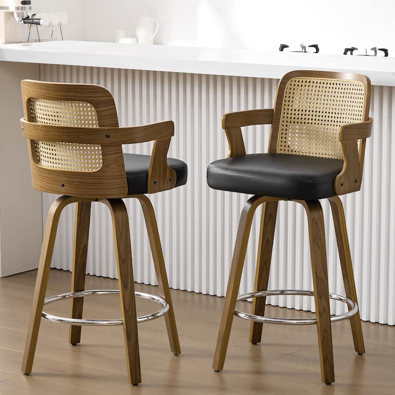 Upholstered Swivel Barstool with Arms and Bentwood Legs - 40.8"H x 18.9"W x 19.5"D/19.3"D - Set of 2 - Black-Rattan Back