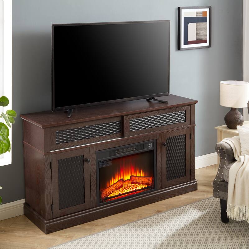 Embossed Pattern TV Stand for TVs Up to 65", Fireplace TV Stand with Storage Cabinet