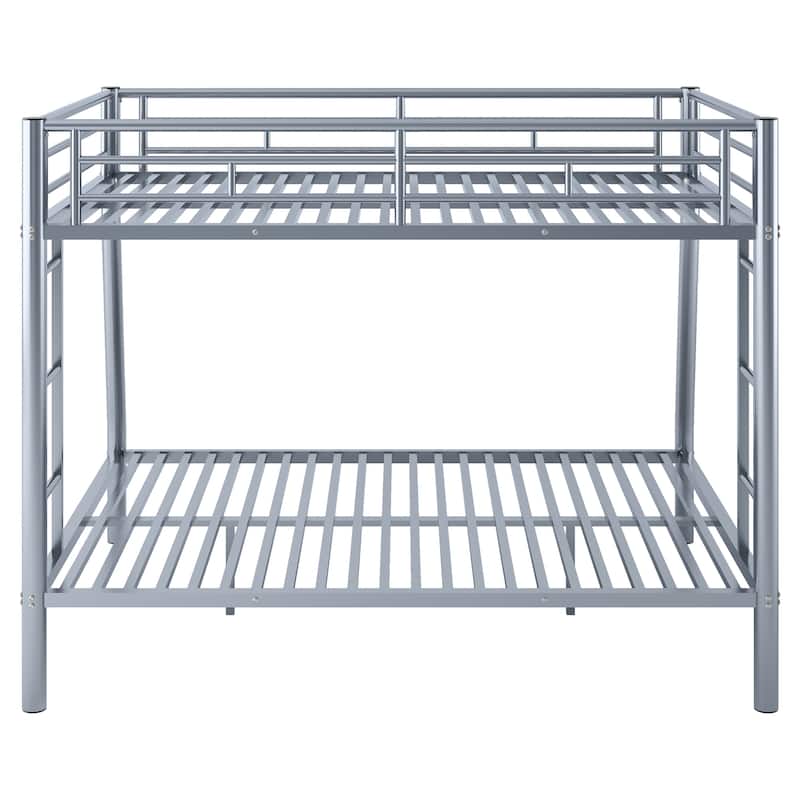 Silver Full XL over Queen Size Metal Bunk Bed with Ladder & Guardrails for Kids