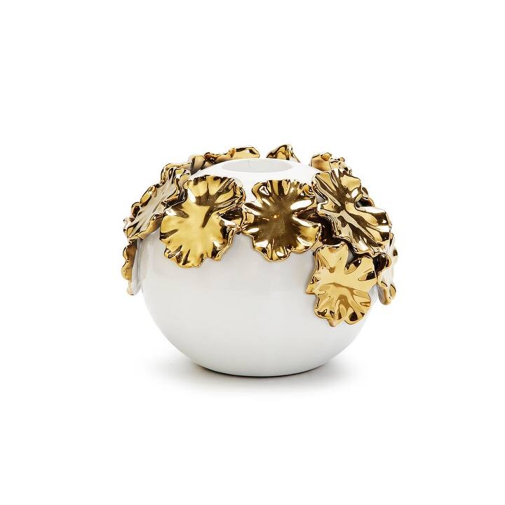 White Ceramic Candle Holder Gold Flower Design