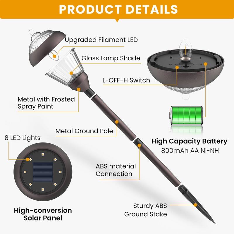 Solar Powered Bronze Metal Pathway Lights, Waterproof Outdoor Landscape Lighting for Garden