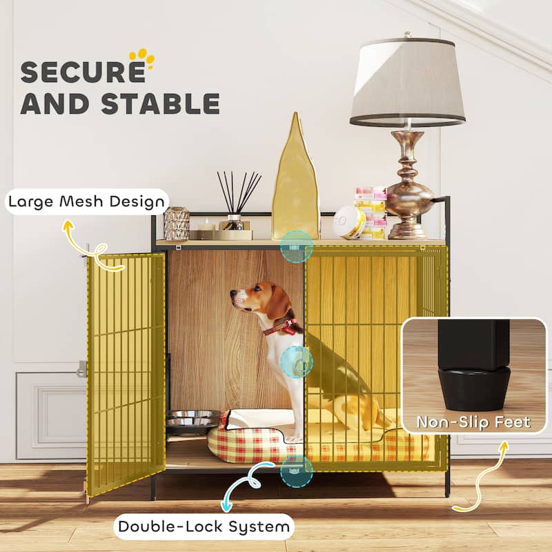 Oak Dog Crate Side Table with Double Doors Rotating Stainless Steel Bowls Elevated Non-Slip Feet and Melamine Finish