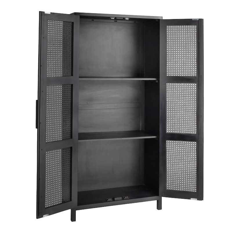 Mango Wood and Cane Curio Cabinet with 3 Shelves and 2 Doors