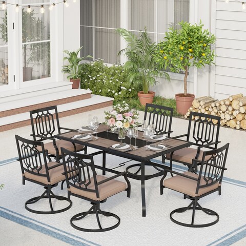 Patio Dining Set of 7, 1 Rectangle 60"x 37" Large Umbrella Table, 6 Swivel Chairs Outdoor dinning Set