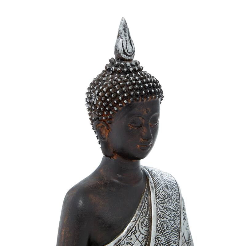 Silver Polystone Meditating Buddha Decorative Sculpture with Engraved Carvings and Relief Detailing