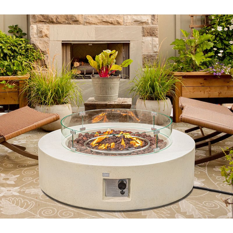 COSIEST Ecru Round Outdoor Propane Fire Pit with Wind Guard