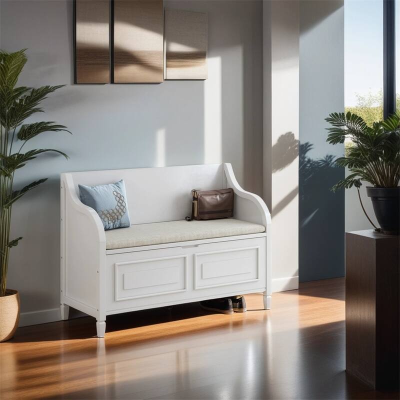 Solid wood Entryway Multifunctional Storage Bench with Safety Hinge - White