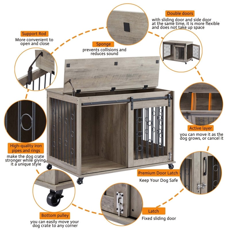Sliding Barn Door Dog Crate Furniture with Flip top Plate Brown