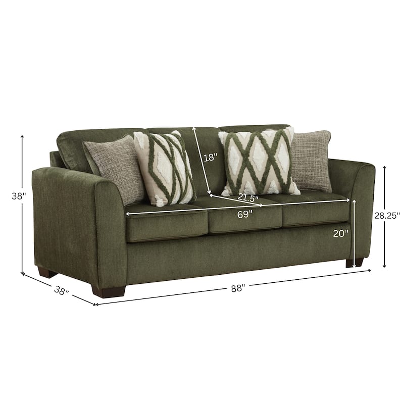 Roundhill Furniture Marvella Living Room Sofa with Mosswood Chenille Upholstery and Textured Accent Pillows - 7'6" x 9'6"