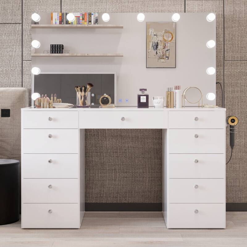 Boahaus Elle Makeup Vanity with Bluetooth Speaker, 12 Lights, and 11 Drawers - White