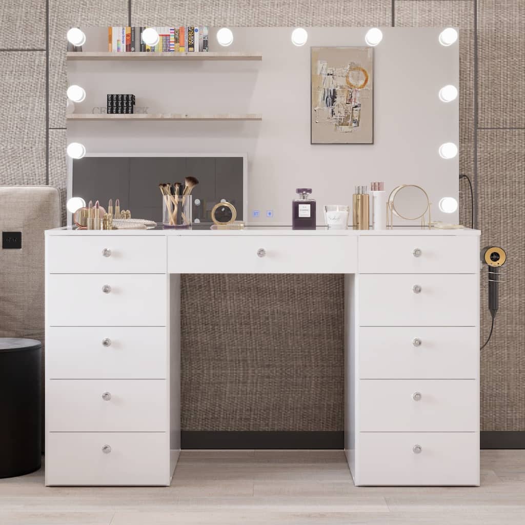 Makeup Vanity Desk, Glass Top, 12 LED Lights BT Speakers & 11 Drawers