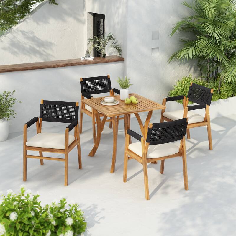 Captef Outdoor 5-piece acacia wood Dining Set by Christopher Knight Home - Black Rope Chair+Teak Finish Table