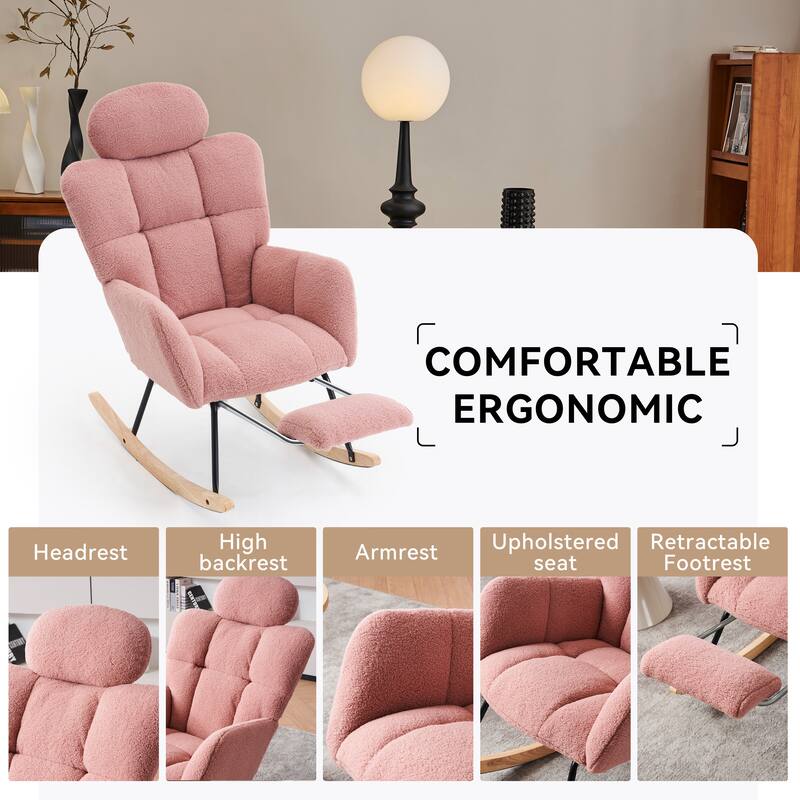 Teddy Fabric Upholstered Rocking Chair with Pillow and Footrest