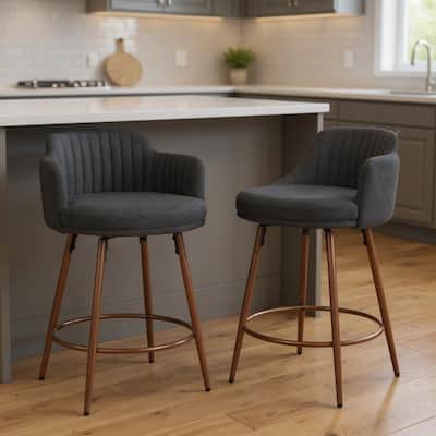 HomeRoots Set of Two 26" Black and Walnut Faux Shearling and Steel Counter Height Swivel Bar Chairs