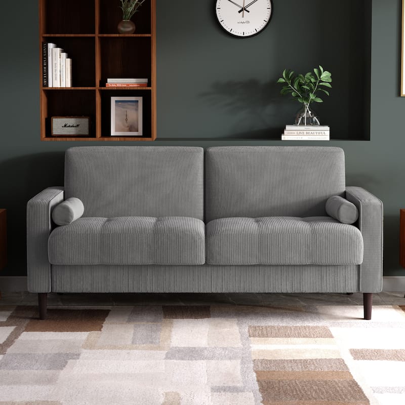 Modern Corduroy Upholstered 2 Seater Sofa with Bolster Pillows