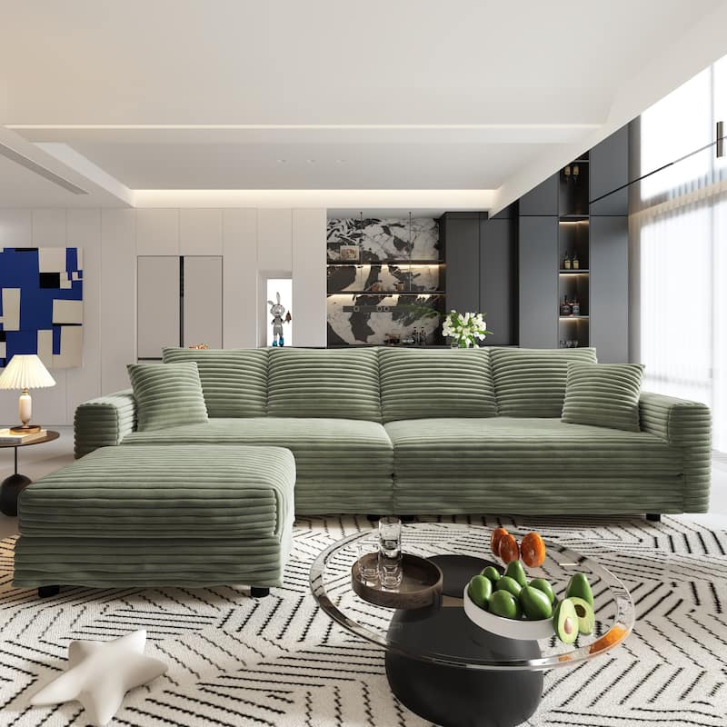 102.4" Corduroy Couch with Ottomans, 4 Seat Convertible Modular Sectional Sofa, Upholstered Couches with Pillows for Living Room
