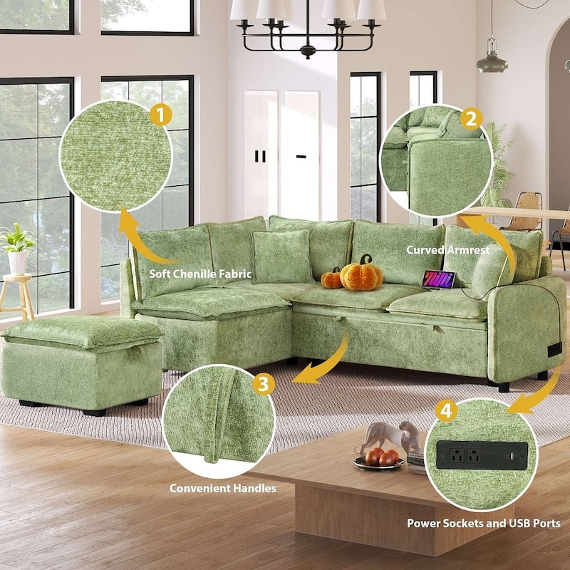 Modern Pull-Out Sleeper Sectional Sofa Bed with Storage Storage Ottoman