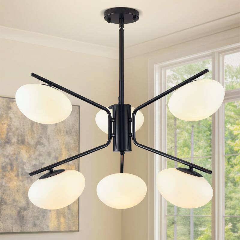 Modern Minimalism 6-Light Sputnik Chandelier with White Glass Oval Lampshade - Black