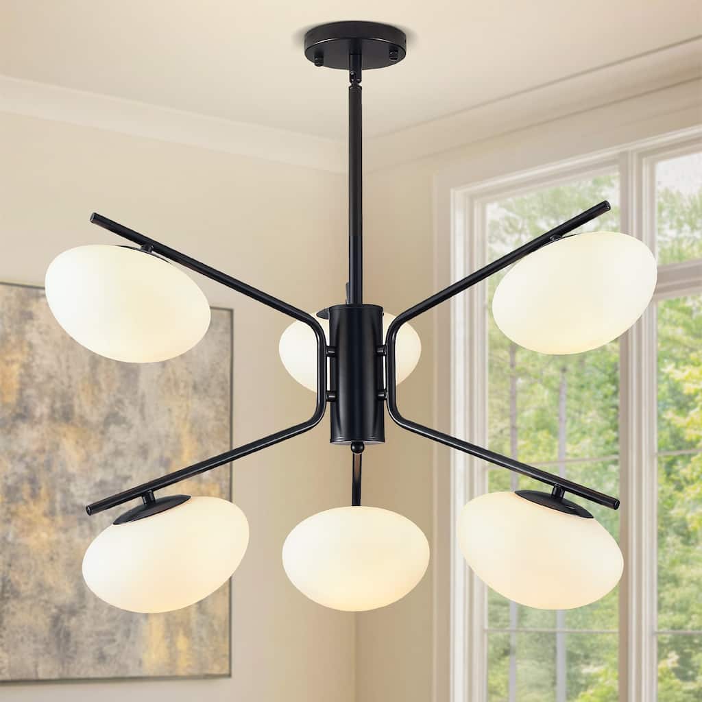 Modern Minimalism 6-Light Sputnik Chandelier with White Glass Oval Lampshade
