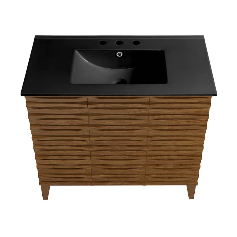 Cascade 36 In. Brown Oak Bathroom Vanity With Black, 3-Hole Ceramic Sink Top