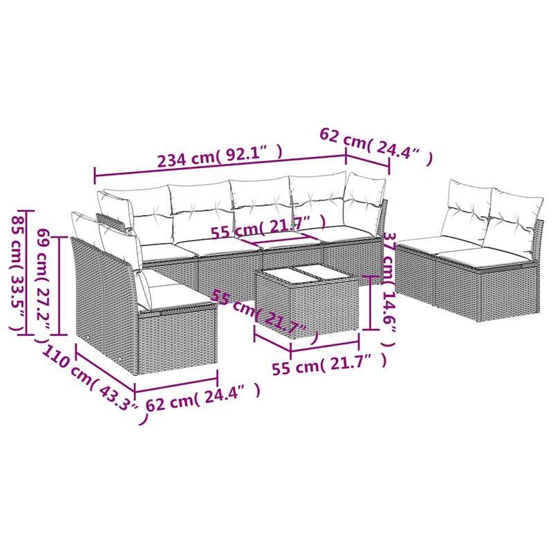 vidaXL 9 Piece Patio Sofa Set with Cushions Black Poly Rattan - 113.9x27.2x89.5
