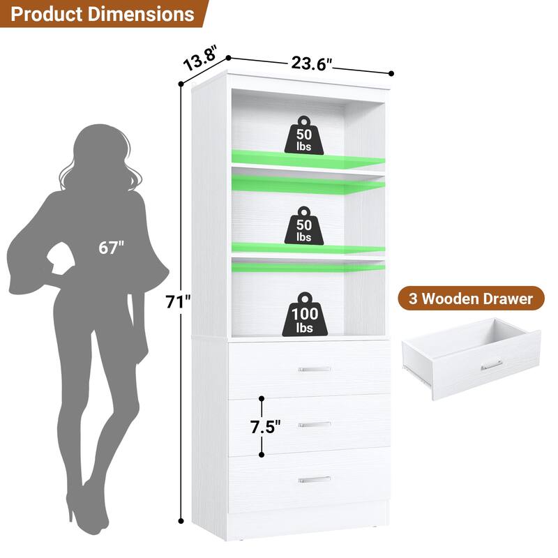 23.6" W Closet System with 3 Wooden Drawers and Storage Shelves, 2FT Sturdy Walk-in Organizer Storage Unit