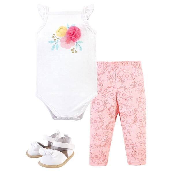 slide 1 of 1, Little Treasure Baby Girl Cotton Bodysuit, Pant and Shoe 3pc Set, Flowers 0-3 Months - Flowers