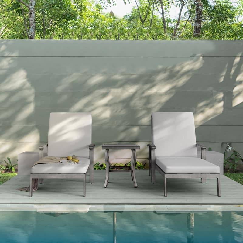 2-Piece Aluminum Patio Chaise Lounge with Side Table and Gray Cushions