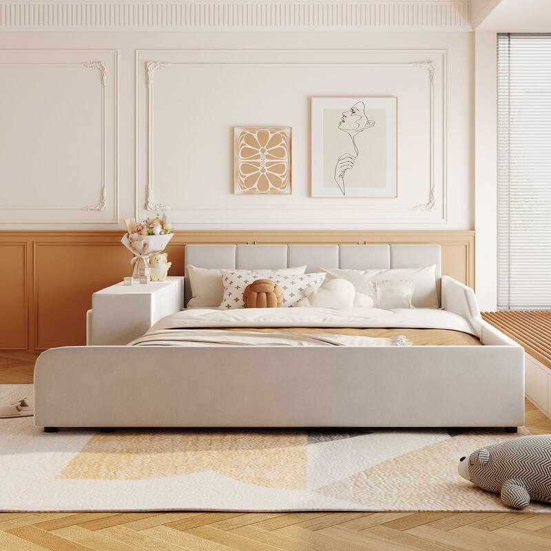 Queen/Full Mother & Child Bed with Bedside Desk, Velvet Upholstery & Round Stool - Beige - Queen