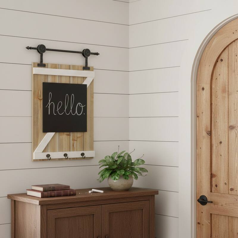 HomeRoots 27" X 20" Black And Brown Wood Hanging Chalkboard With Hooks - Brown/Black - 20.00 in. x 27.00 in.  x 2.00 in.