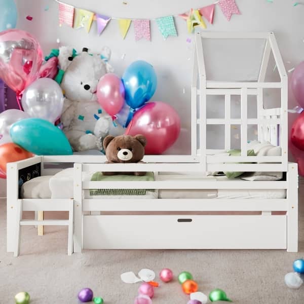 slide 2 of 12, Full House Bed with Ladder & Storage, White White