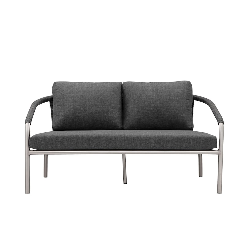 Phil 57 Inch Outdoor Sofa, Gray Fade Resistant Upholstery, Silver Aluminum