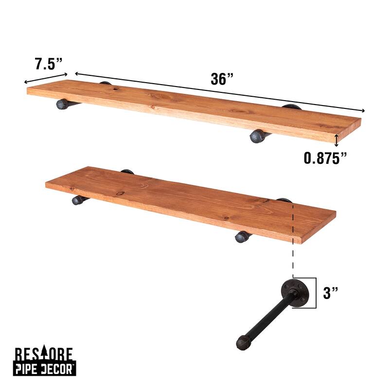 PIPE DECOR 36" Solid Wood Wall Shelves with Rustic Black Industrial Steel Pipe Brackets, Set of 2