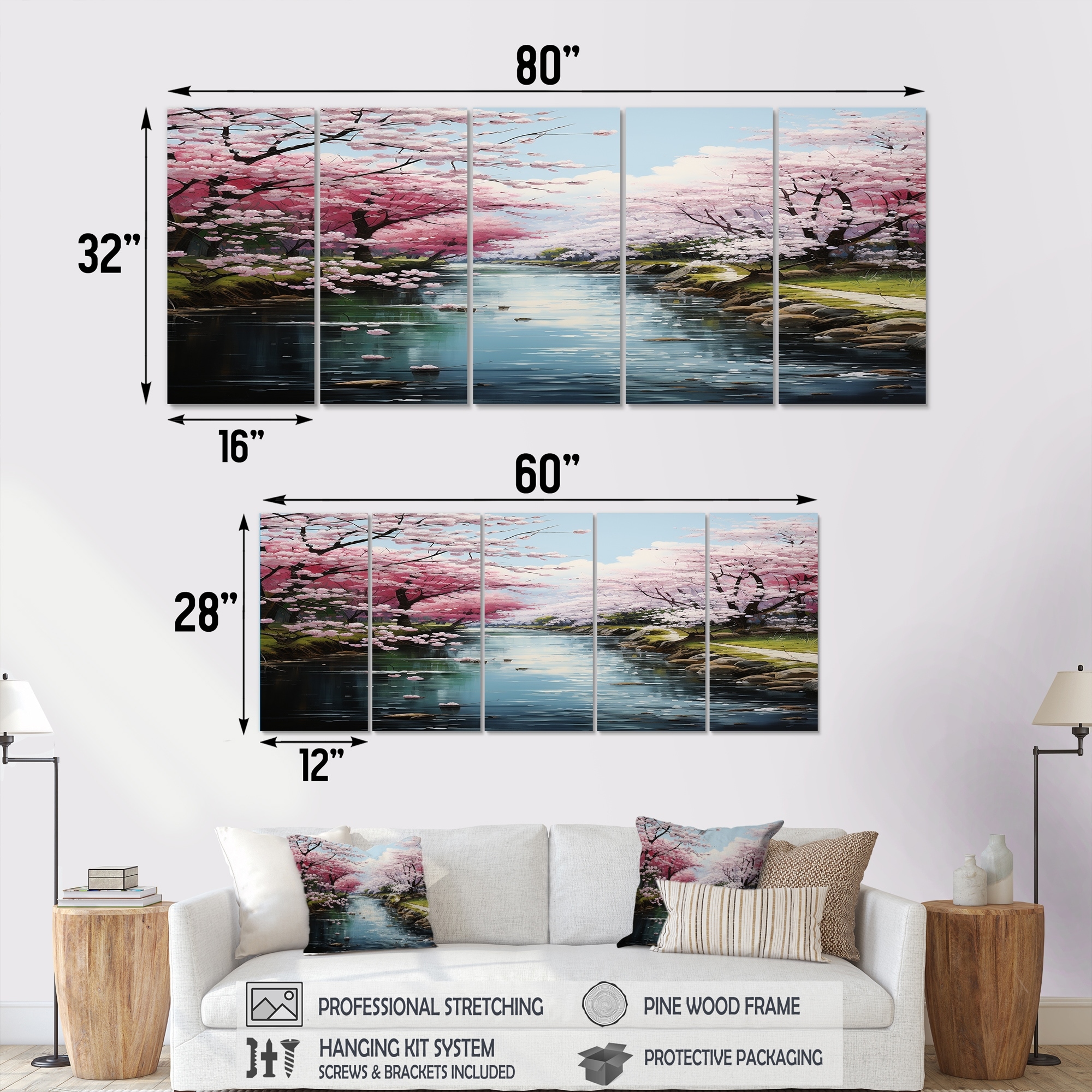 Designart - Cherry Blossom Spring River - River Canvas Wall