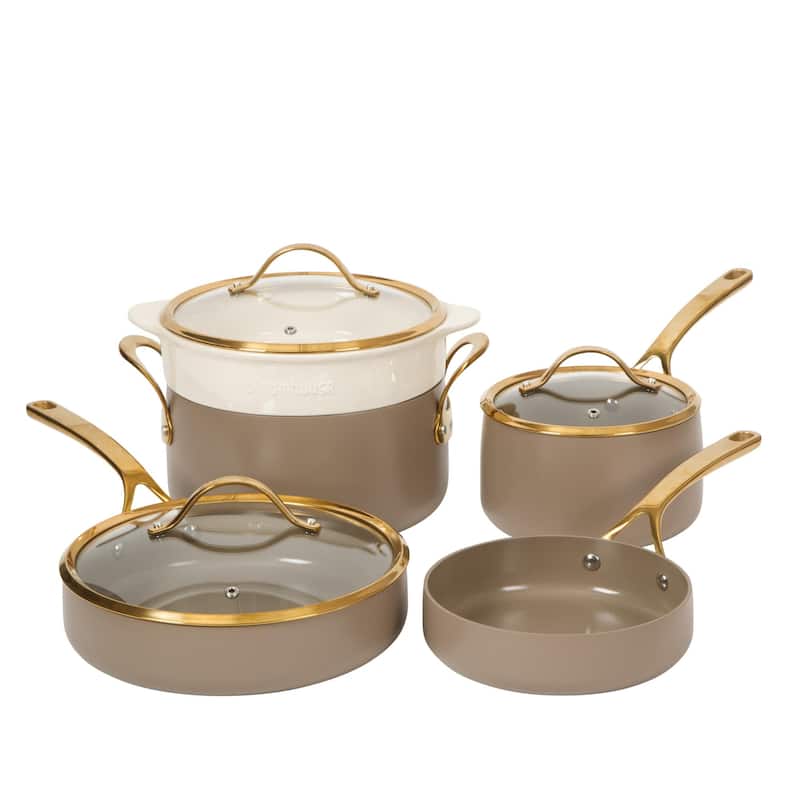 Bloomhouse Pots and Pans Heavy Duty Aluminum Premium PFA Free Ceramic Nonstick - Cappucino Cream with Gold Handle - 26.2" x9.84" x 14.76"