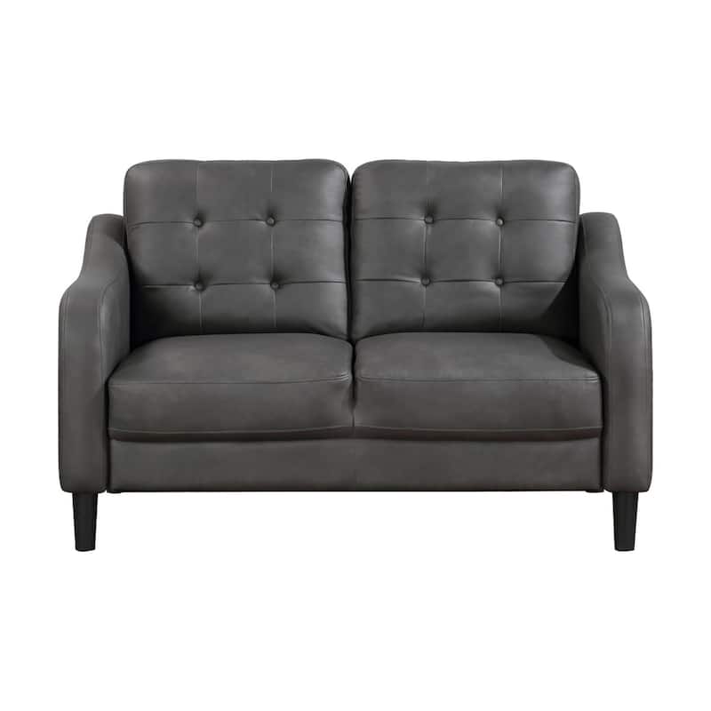 Orry 55 Inch Loveseat, Button Tufted Back, Gray Microfiber Black Solid Wood