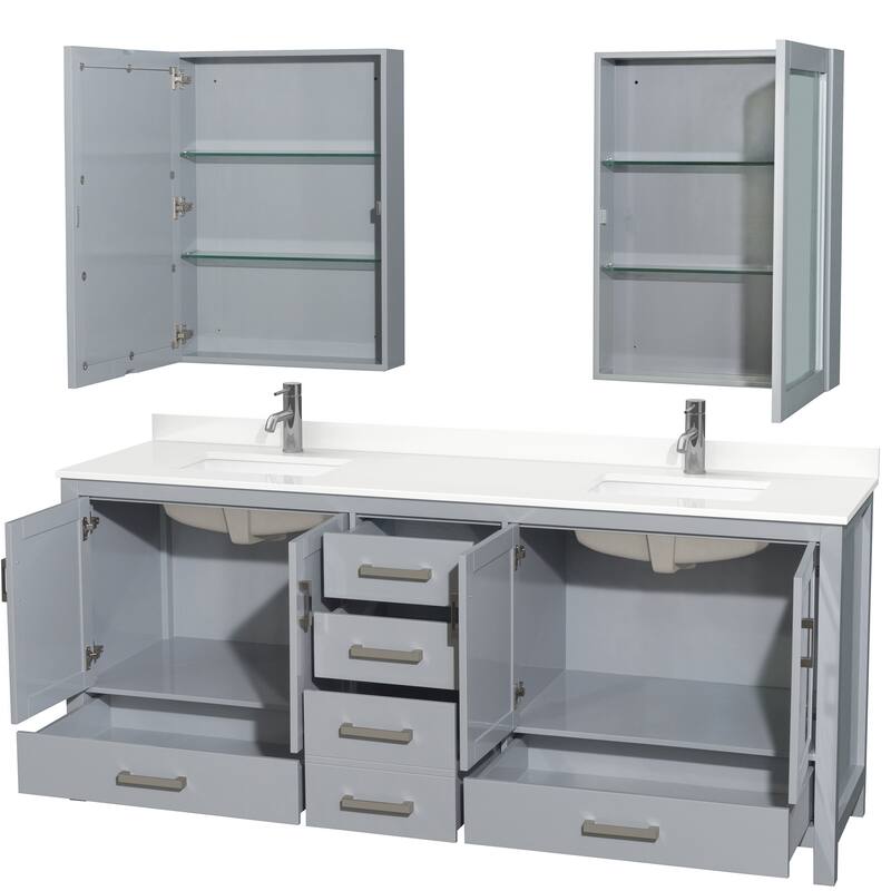 Sheffield 80-inch Double Vanity, Single Hole Quartz Top, Med Cabinets