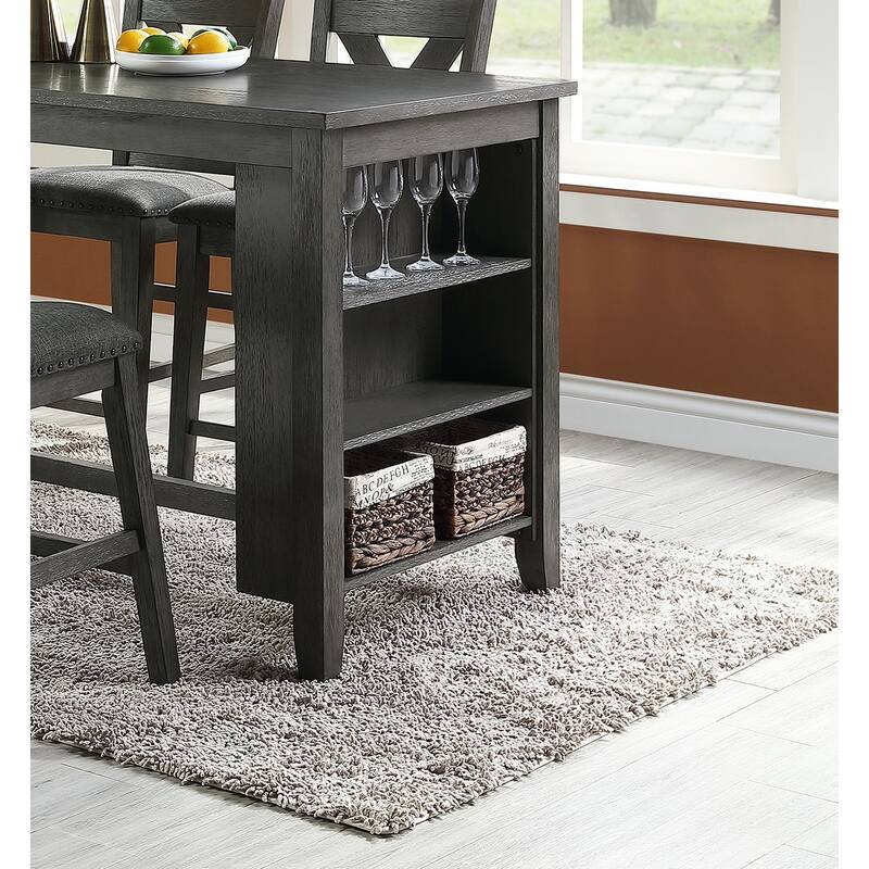 Modern Gray Finish 5pc Counter Height High Dining Table w Storage Shelves High Chairs And Stools Wooden Kitchen Breakfas