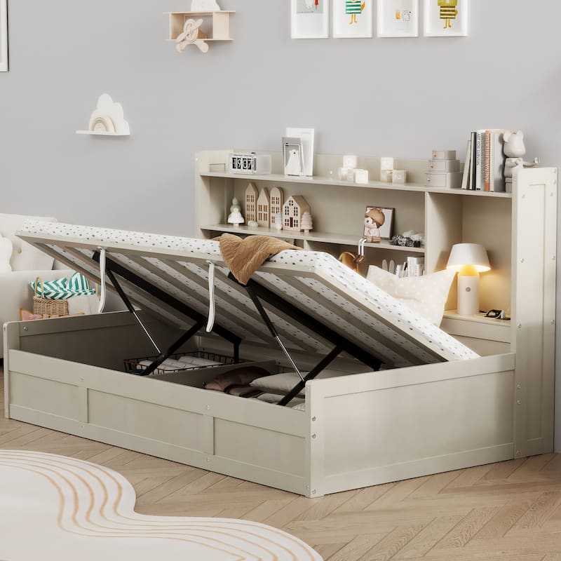 Twin Size Daybed Frame with Storage Bookcases and Underneath Storage, USB Charging Station