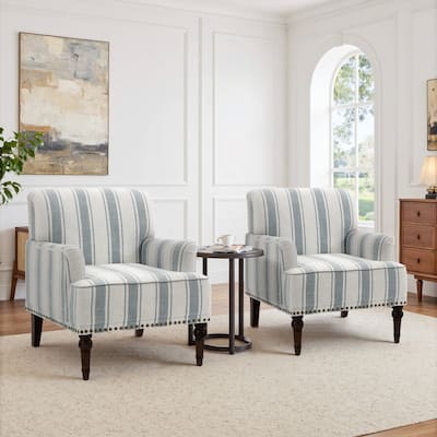 Stripe Linen Accent Arm Chair with Nailhead Trim and Wood Legs