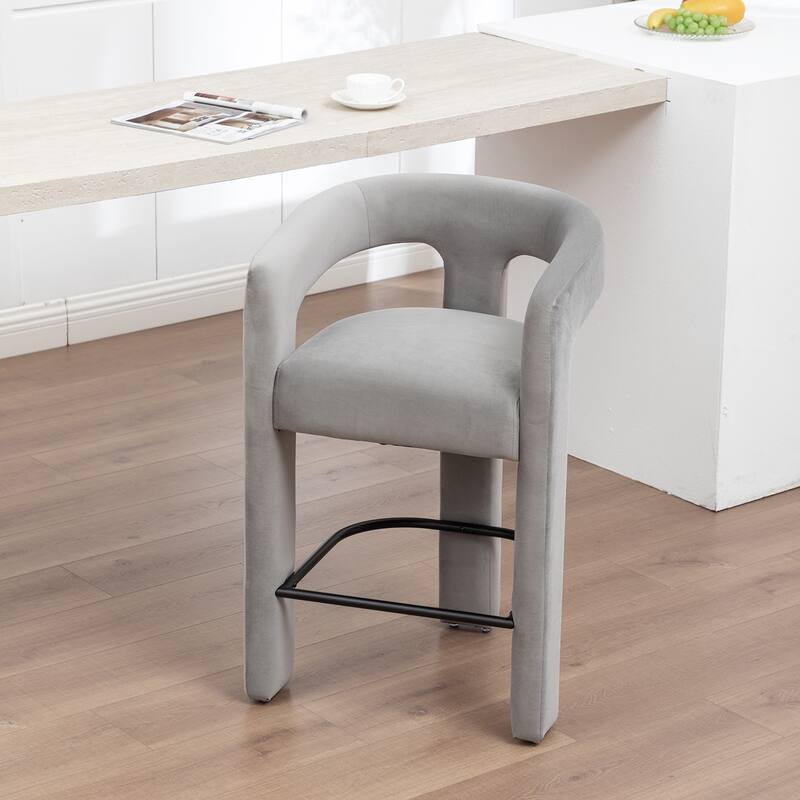 SEYNAR Modern Velvet 34.6''H Fixed Height Open-Back Bar Stool with Metal Footrest