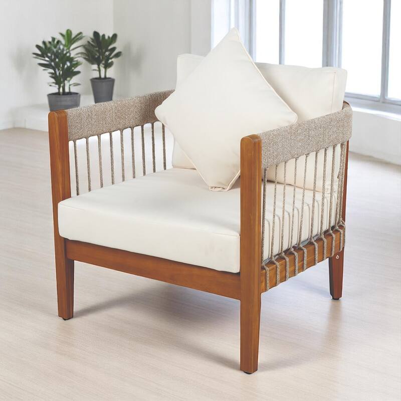 Outdoor Lounge Chair with Cushions, Acacia Wood Frame & Handwoven Rope, All-Weather Tub Chair with for Patio, Deck, or Garden
