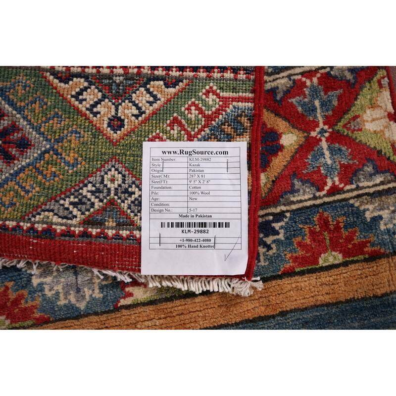 Striped Kazak Oriental Runner Rug Hand-Knotted Wool Carpet - 2'8" x 9'5"